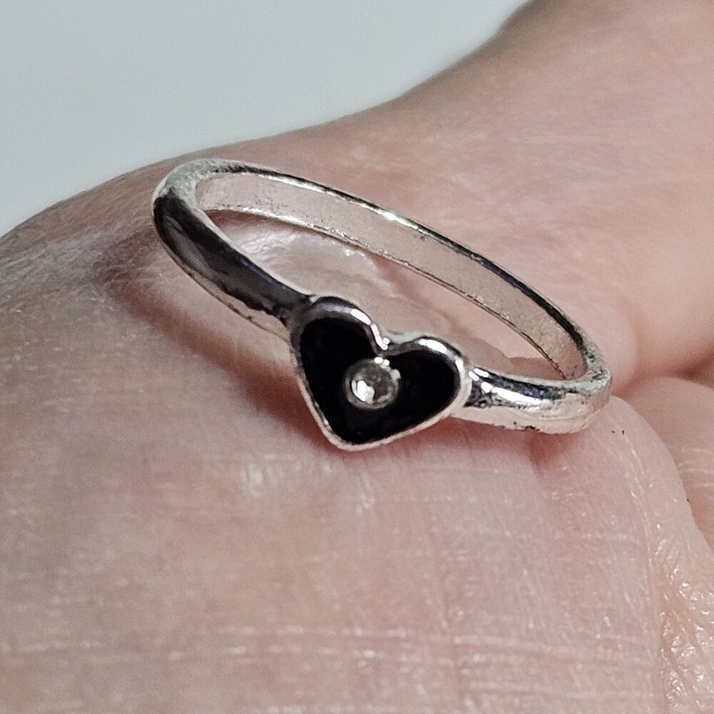 Silver Tone Black Enamel Dainty Heart Clear Rhinestone Ring Pinky 3.25